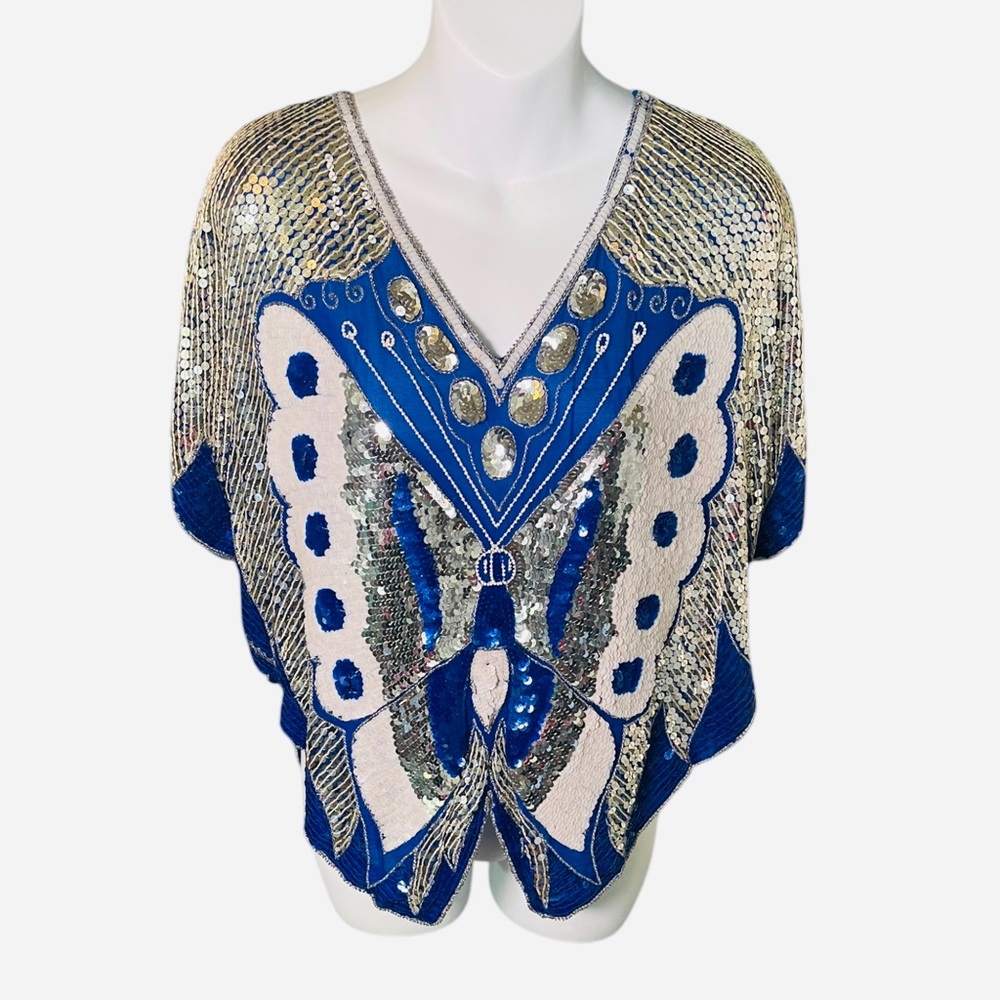 Vintage Dominique Blue Silk Hand Bead Sequin Butterfly Top 90s Y2K Festival Boho